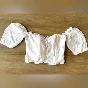 Guess Cotton Top Eyelet Peasant Blouse Crop Puff Sleeve SZ L